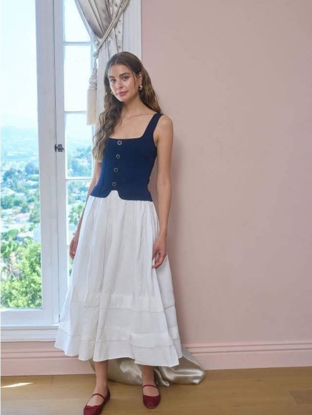 Moon River Navy and White Two-Tone Button-Front Midi Skirt